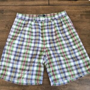 Polo Ralph Lauren Mens Madras Plaid Pleated Shorts Green Pink Blue Cotton Medium